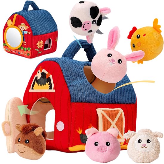 Baby Speelgoed 6-12 maanden - Sensorisch Pluche Speelgoed met Stal en 6 Dierenvriendjes - Montessori Speelgoed met Boerderijdieren - Baby Cadeau met Knuffels - Educatief speelgoed - Kinderspeelgoed 6MND +