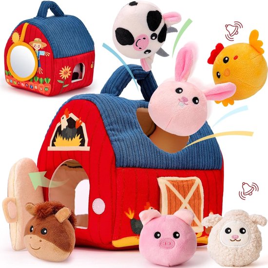 Baby Speelgoed 6-12 maanden - Sensorisch Pluche Speelgoed met Stal en 6 Dierenvriendjes - Montessori Speelgoed met Boerderijdieren - Baby Cadeau met Knuffels - Educatief speelgoed - Knisperboekje Baby - Kinderspeelgoed 1-3 jaar