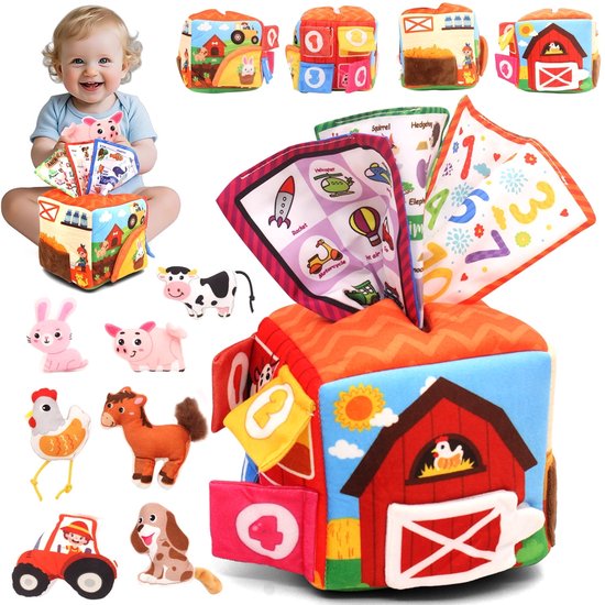 Baby speelgoed 6-12 maanden - Sensorisch speelgoed met pluche boerderijdieren - Montessori speelgoed met rammelaar, knisperend geluid, pieper en spiegeltje - Educatief speelgoed - Kinderspeelgoed voor jongens en meisjes van 1-3 jaar