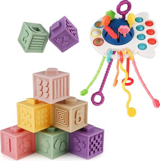 Baby Speelgoed - Speelgoed 1 Jaar - Montessori Speelgoed - Kinderspeelgoed - 2 in 1 Stapelblokken & Bijtring van RZKHRT