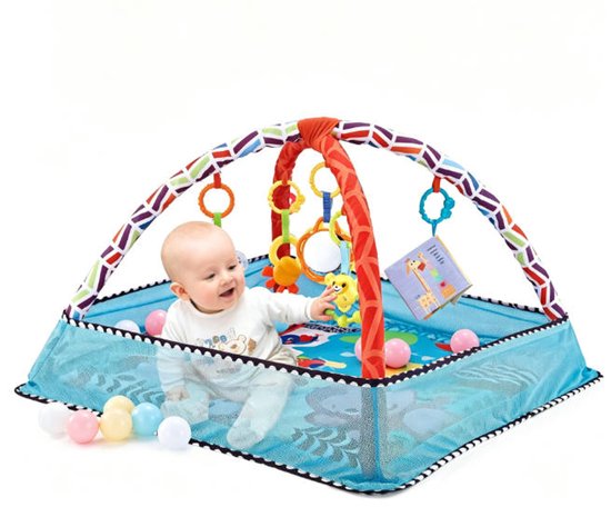 Baby-speelgym en speelmat – 4-in-1 buikligmat & ballenbak – Wasbare baby-activiteitenmat voor visuele, auditieve, sensorische en motorische ontwikkeling – Babycadeau en speelgoed voor zuigelingen en peuters (0-3-6-9-12 maanden blauw)