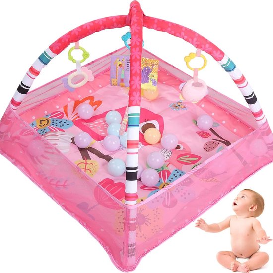 Baby-speelgym en speelmat – 4-in-1 buikligmat & ballenbak – Wasbare baby-activiteitenmat voor visuele, auditieve, sensorische en motorische ontwikkeling – Babycadeau en speelgoed voor zuigelingen en peuters (0-3-6-9-12 maanden roze)