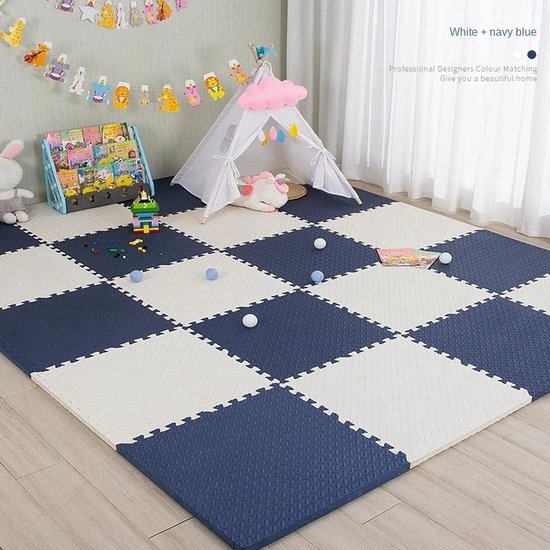 Baby Speelmat - 16 stuks - Baby en Peuters - anti-slip - Foam Speeltapijt - Puzzelmat- Shock absorptie - Wit en Donkerblauw van Hokky.