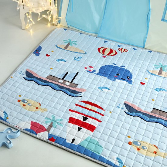 Baby speelmat, antislip kruipmat, 105 x 135 cm, opvouwbare mat met dierenprint voor het trainen van de motorische vaardigheden van baby's, verdikte katoenen speelmat, geschikt voor binnen/buiten/box,kleine zeilboot