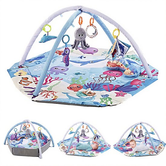 Baby Speelmat met Hek en Boog – Kruipmat Baby 110x110 cm – Speelkleed met Opstaande Randen & Activiteitenboog – Veilig Speelkleed – Educatief Babyspeelgoed van Merkloos