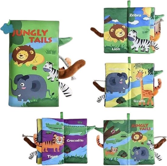Baby stoffen speelgoedboek met staart, kinderwagen pluchen speelgoed voor baby's van 0-18 maanden (bosdieren)