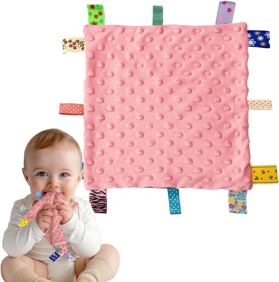 Baby Taggy Deken - Knuffeldoekje Sensorisch - Baby Ontwikkeling - Zachte Sensorische Labels - 25x25cm - Roze