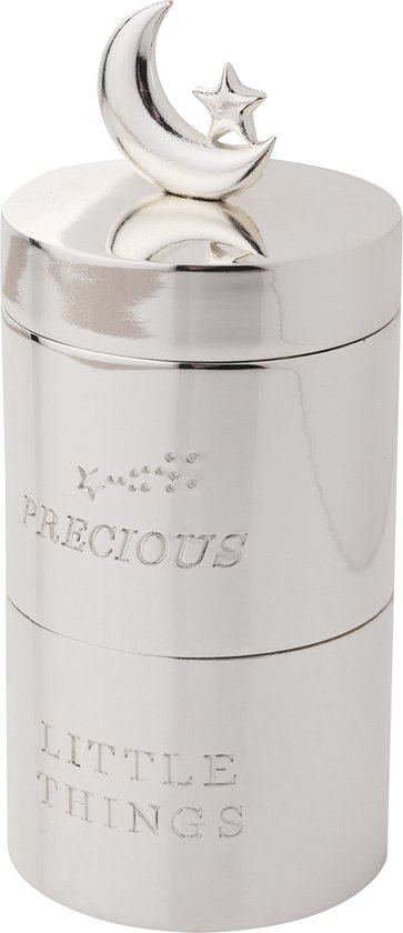 Baby tanden en haarlokdoosje zilveren toren met maan en sterren van Bambino by Juliana van Merkloos