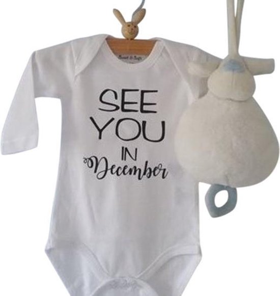 Baby tekst Rompertje aankondiging zwangerschap Zwangerschapsaankondiging maand See you in December | Lange mouw | wit | maat 50/56 Cadeau voor de liefste aanstaande oma en opa oom tante papa mama van Shirtsplug