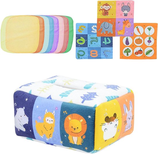 Baby Tissue Box - Sensorisch Speelgoed - Baby Ontwikkeling - Stimuleert Fijne Motoriek - 24 x 18 x 12 cm