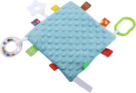 Baby Troostdeken - Knuffeldoekje Sensorisch Speelgoed - Baby Ontwikkeling - Met Bijtring en Rammelaar - 19x19 cm - Kleurrijk