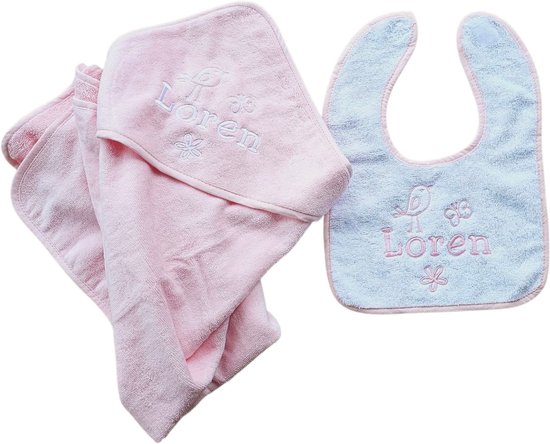 Baby uitzet / kraamcadeau Badcape en slabbetje gepersonaliseerd met naam | roze | meisje | geboorte | moeder | babyshower van Merkloos