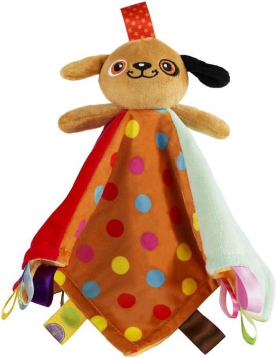Baby Veiligheidsdeken - Labels Speelgoed - Zintuiglijke Stimulatie - Machinewasbaar - 33x33 CM - Bruine Hond van Merkloos