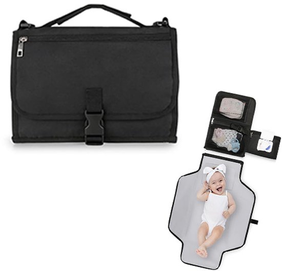 Baby Verschoonmatje - Verschoningsmatje voor onderweg - verschoningskussen - Draagbaar Verschoonmatje - Opvouwbaar Verschoonmatje - Meerdere Vakken - Wasbaar en Herbruikbaar - Babycadeau - Verschoonmatje voor Buiten en Reizen - Zwart van Merkloos