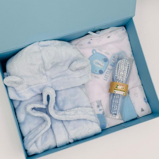 | Baby Verzorgingspakket | Badset Jongen | Kraamcadeau Baby Boy | Blauw | Badjas met Oortjes | Cadeaudoos | van Merkloos