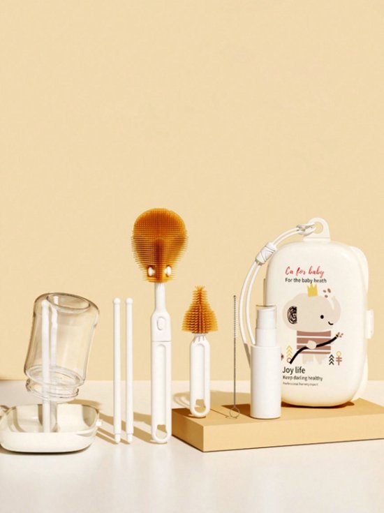 Baby Verzorgingsset – 7-delig – Siliconen Flesborstel Set met Reisetui & Flacon – Baby Flessenborstel, Speenborstel, Rietjesborstel – BPA-vrij – Baby Schoonmaakset – Voor Flessen, Spenen & Rietjes – Kraamcadeau – Crèmekleurig