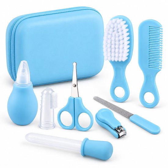 Baby Verzorgingsset 8-delig - Neuszuiger, Nagelset & Haarverzorging - Vingertandenborstel - Opbergetui - Blauw