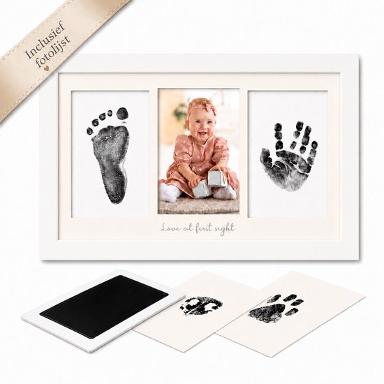 Baby Voetafdruk | Baby Handafdruk | Inclusief fotolijst | Wit | Baby Geschenk | Inktloze afdrukset | Babyshower | Kraamcadeau