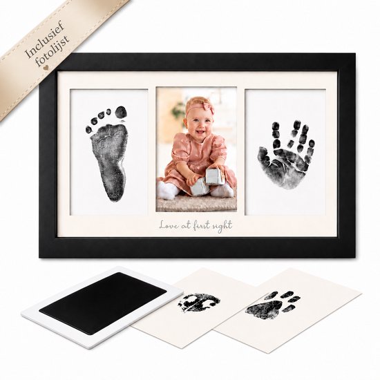 Baby Voetafdruk | Baby Handafdruk | Inclusief fotolijst | Zwart | Baby Geschenk | Inktloze afdrukset | Babyshower | Kraamcadeau