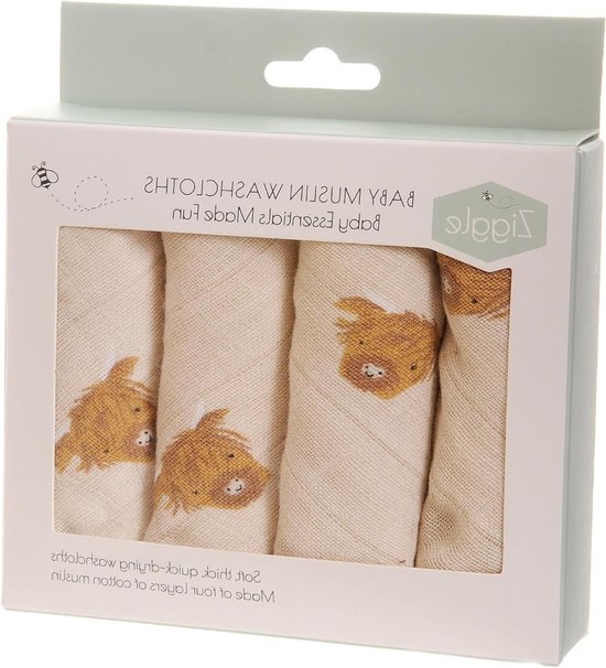 Baby Wasdoekjes - Hydrofiele Doekjes - Baby Verzorging - 100% Katoen - 25 x 25 cm - Highland Cow