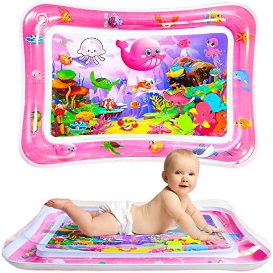 Baby Watermat, 70x50cm Opblaasbare Buiktijd Watermat met 6 Zeedieren, Veilige Waterspeelmat met Sensorisch Speelgoed voor Baby's van 3-36 Maanden, Draagbare Reisactiviteitenmat (Roze) van Merkloos