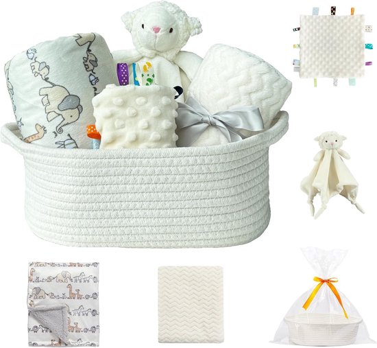 Baby Welkom Geschenkset met Opbergmand, 2 Dekens, Knuffeldoek, Labeldoek en Cadeautasje in Ivoorkleur