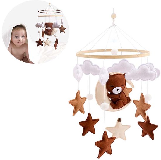 Baby Wieg Mobile - Kalmerende Wolken Mobiel met Houten Beren · Hangende Wiegdecoratie voor Jongens/Meisjes · Babykamer Decoratie en Kinderwagen Accessoire (Bruine Beer Ontwerp)