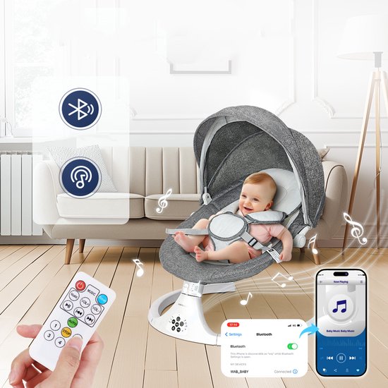 Baby Wipstoel met Bluetooth Muziek en Afstandsbediening – 5 Snelheden, 3 Zitposities & Timer – Elektrische Babyschommel - Grijs van Merkloos