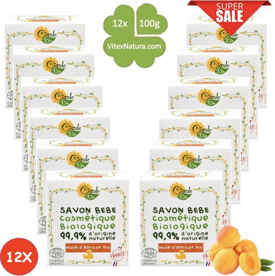 Baby zeep met abrikozen olie - 12x100g - Biologisch Hypoallergeen - Voor de gevoelige huid - Verlichtend voor eczeem - Cigale bio van $