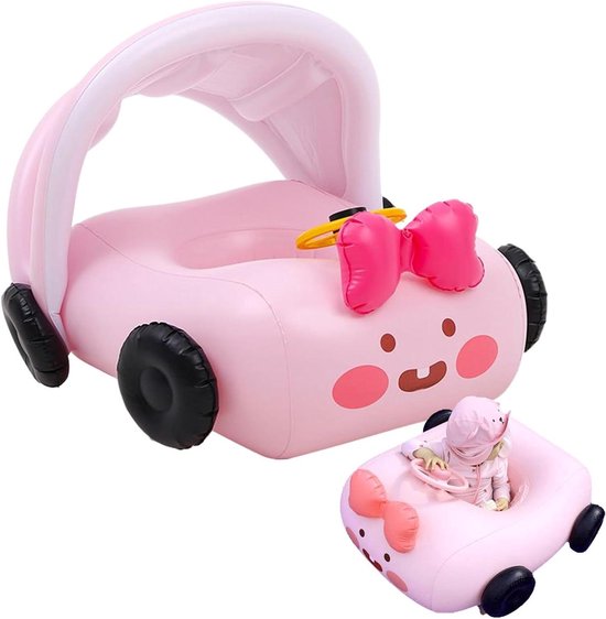 Baby Zwembad Auto - Zwemband Ligstoel - Waterpret Buiten - Met Zonnescherm - Compact Opbergformaat - Geel