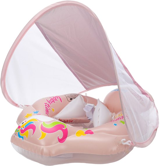 Baby Zwemring Comfort Plus – Opblaasbaar Baby Zwemzitje – L – Blauw – Met Zonnescherm van Merkloos