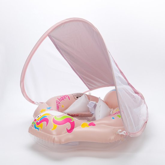 Baby Zwemring Comfort Plus – Opblaasbaar Baby Zwemzitje – L – Roze – Met Zonnescherm van Merkloos
