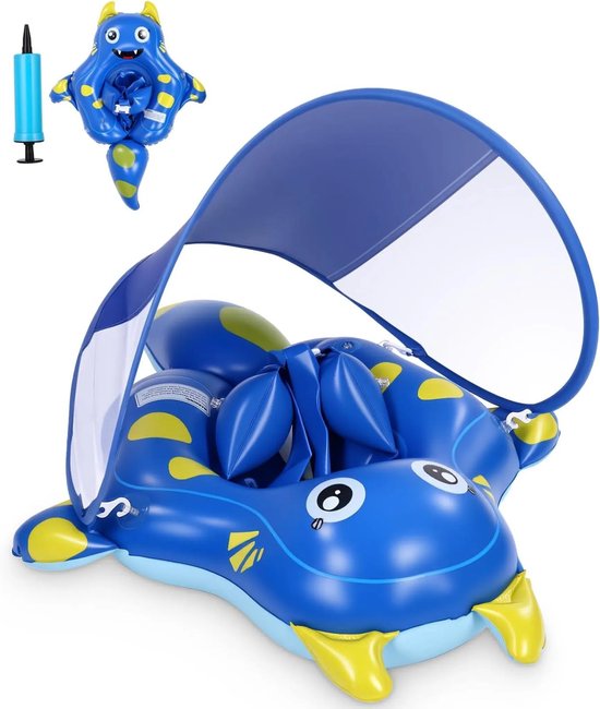 Baby zwemring met zonnescherm UPF 50+ – 3-72 mnd, monster design, incl. pomp,Zwemzitje met rugsteun en veiligheidsgordel – anti-kantel – voor baby en peuter