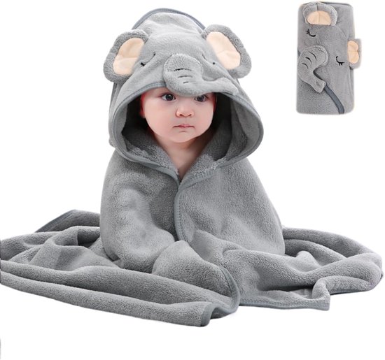 Babybadhanddoek met capuchon- 81 x 81 cm- schattige kinderbadhanddoek in de vorm van een olifant- met capuchon- zacht en absorberend- grote babybadset.