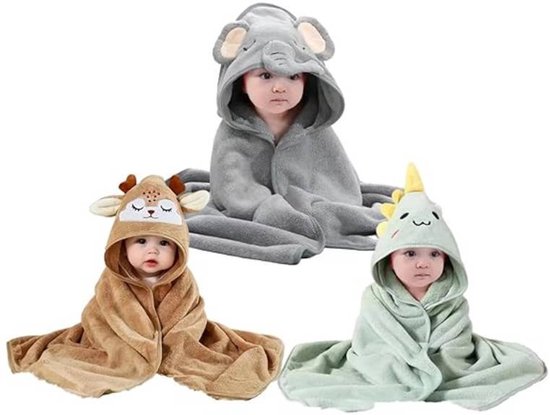 Babybadhanddoeken- 3-delige set- babybadhanddoeken met capuchon- 80 x 80 cm- zacht en superabsorberend- schattige dierenprints- geschikt voor zowel jongens als meisjes.