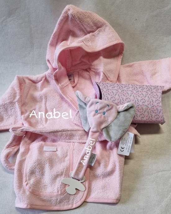 Babybadjas-Gepersonaliseerd-Slabbetje--Speendoek-Olifant-cadeau set-Geboorte pakket-Kraamcadeau van Fabs World