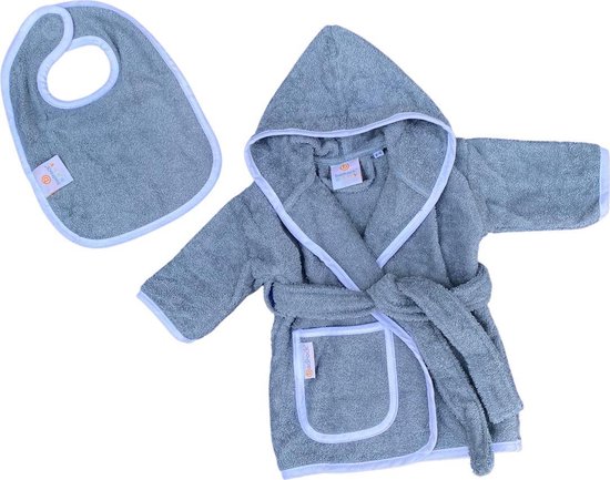 Babybadjas met capuchon – blauw/grijs (denim) – baby badjas gender neutraal – baby badjas meisje – baby badjas jongen – kraamcadeau – 100% badstof katoen – incl. slabbetje - luxe baby badjas mét roomwitte bies - maat 0-12 mnd (80)