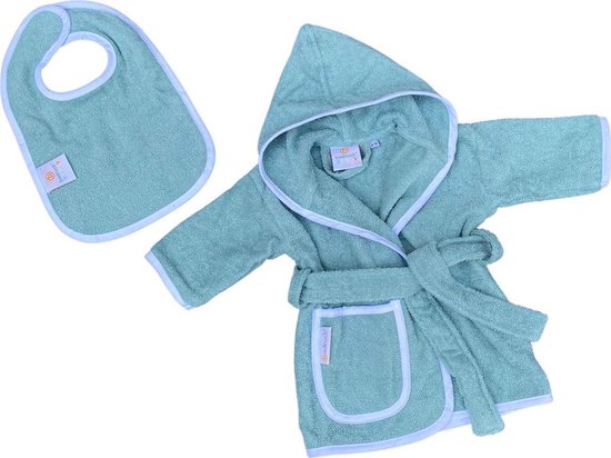 Babybadjas met capuchon - groen (sage) - baby badjas gender neutraal - baby badjas meisje - baby badjas jongen - kraamcadeau - 100% badstof katoen - incl. slabbetje - luxe baby badjas mét roomwitte bies - maat 0-12 mnd (80) van Cangaroo Kids