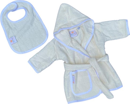 Babybadjas met capuchon - roomwit -ecru - baby badjas gender neutraal - baby badjas meisje - baby badjas jongen - kraamcadeau - 100% badstof katoen - incl. slabbetje - luxe baby badjas mét roomwitte bies - maat 0-12 mnd (80) van Bebe Jou