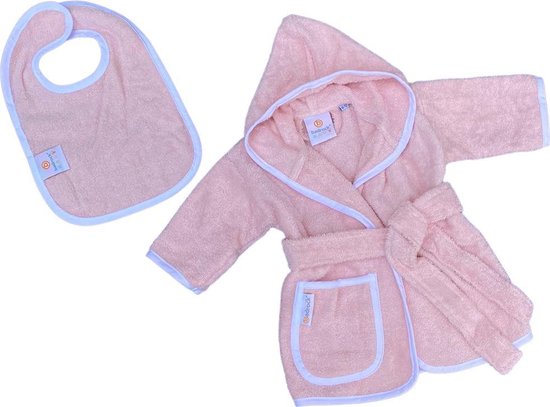 Babybadjas met capuchon - roze (blush) - baby badjas gender neutraal - baby badjas meisje - baby badjas jongen - kraamcadeau - 100% badstof katoen - incl. slabbetje - luxe baby badjas mét roomwitte bies - maat 0-12 mnd (80) van Froggy.