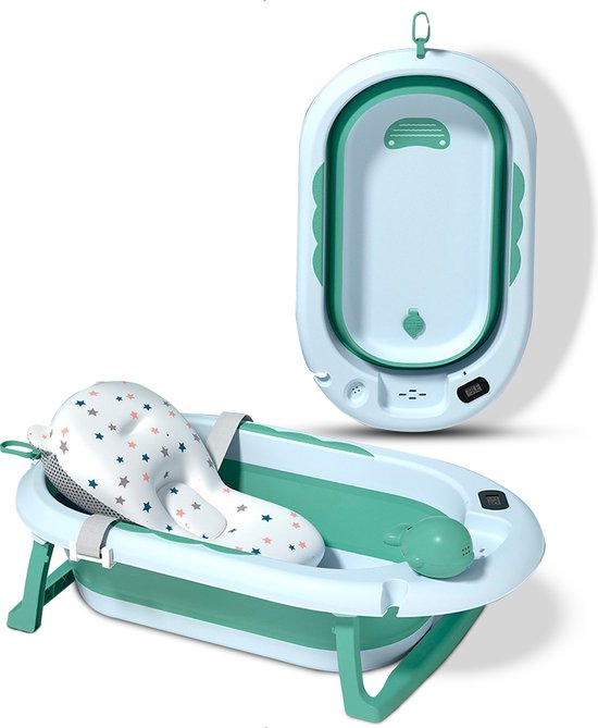 Babybadje 3 in 1 opvouwbaar - Inclusief badkussen - Thermometer ingebouwd - model 2023 - Mint groen van $