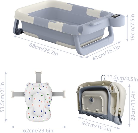 Babybadje Babybadje Badkuip Opvouwbaar Ergonomisch badje Kinderbadje Met badmat Cijferdisplay + badmat Voor pasgeborenen, lichtblauw + wit