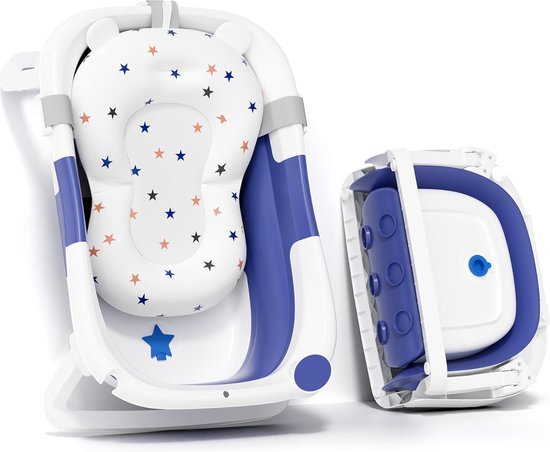 Babybadje, Essentials babybadje, voor pasgeborenen tot peuters, draagbaar, multifunctioneel, voor op reis, met antislipmat, afvoergat (blauw + badmat) van Fascol