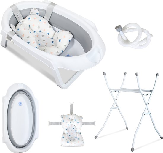 Babybadje Opvouwbaar - Babybad met standaard - Peuterbadje - Opvouwbaar bad kinderen - Incl Badkussen - Grijs van Lalaby.