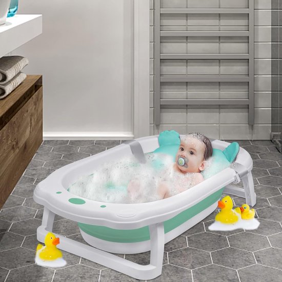 Babybadje, opvouwbaar babybad met zitkussen, draagbaar badzitje voor babybadkamer, groen van Merkloos