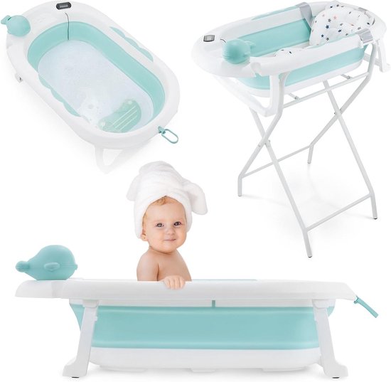 Babybadje - Opvouwbaar badje - Veilig Baden - Met LCD Thermometer - 9.5cm dik opgevouwen - Groen
