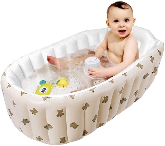 Babybadje voor pasgeborenen tot peuters – Opblaasbaar babybadje met ingebouwde luchtpomp – Draagbaar reisbadje met rugsteun – Eenvoudig leeg te laten lopen en op te vouwen (Badje in beervorm)