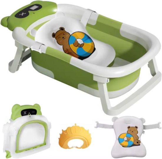 Babybadje Vortex - Groen - Temperatuurweergave - Baby bad met standaard - Zitbad - Kinderbad - Opvouwbaar