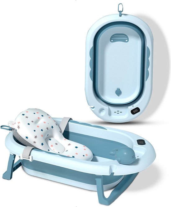 Babybadjes 3 in 1 opvouwbaar- babybad - Inclusief badkussen babybadset - Thermometer ingebouwd - model 2023 - Blauw van Luvion