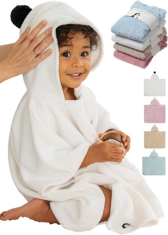 Babybadponcho - Kinderhanddoek met capuchon - Na het badderen - Oeko-Tex gecertificeerd - Maat M - Wit